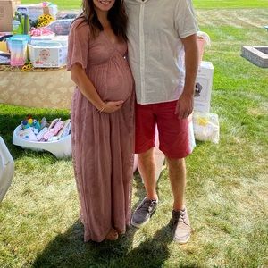 PinkBlush Mauve Lace Mesh Overlay Maternity Maxi Dress